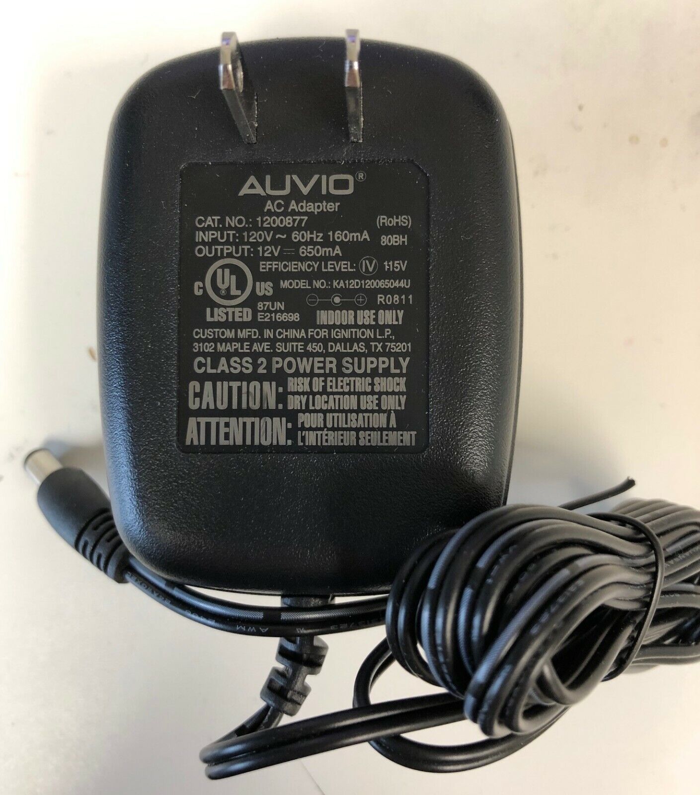 *Brand NEW*AUVIO Model KA12D120065044U Output 12V 650mA Cat NO 1200877 AC Adaptor