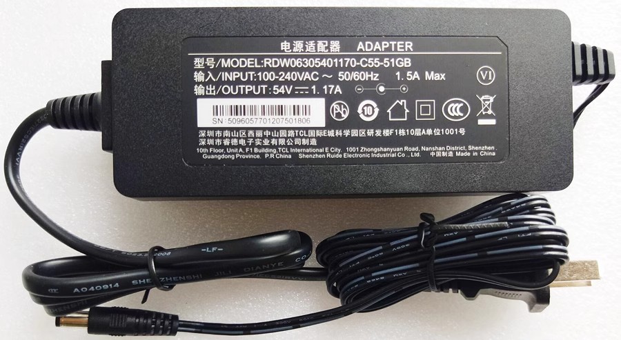 *Brand NEW*54V 1.17A AC ADAPTER RDW06305401170-C55-51GB Power Supply - Click Image to Close