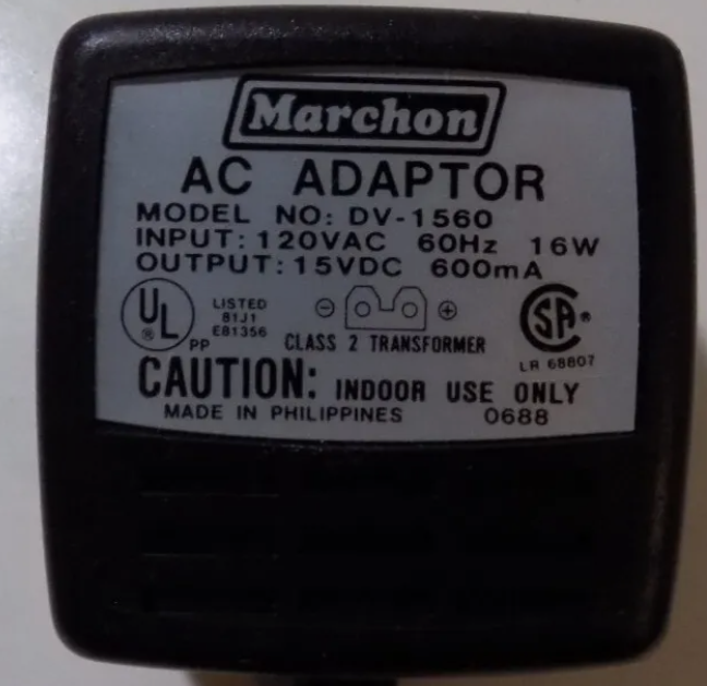 *Brand NEW*Marchon 15VDC 600mA AC/DC Adaptor Model NO. DV-1560 120V AC 60Hz 16W Class 2 Transformer
