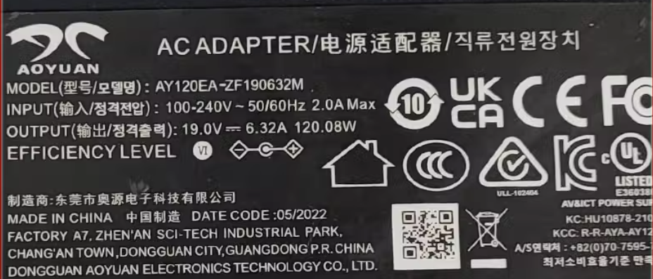 *Brand NEW*AOYUAN 19V 6.32A 120W AC/DC ADAPTER AY120EA-ZF190632M Power Supply