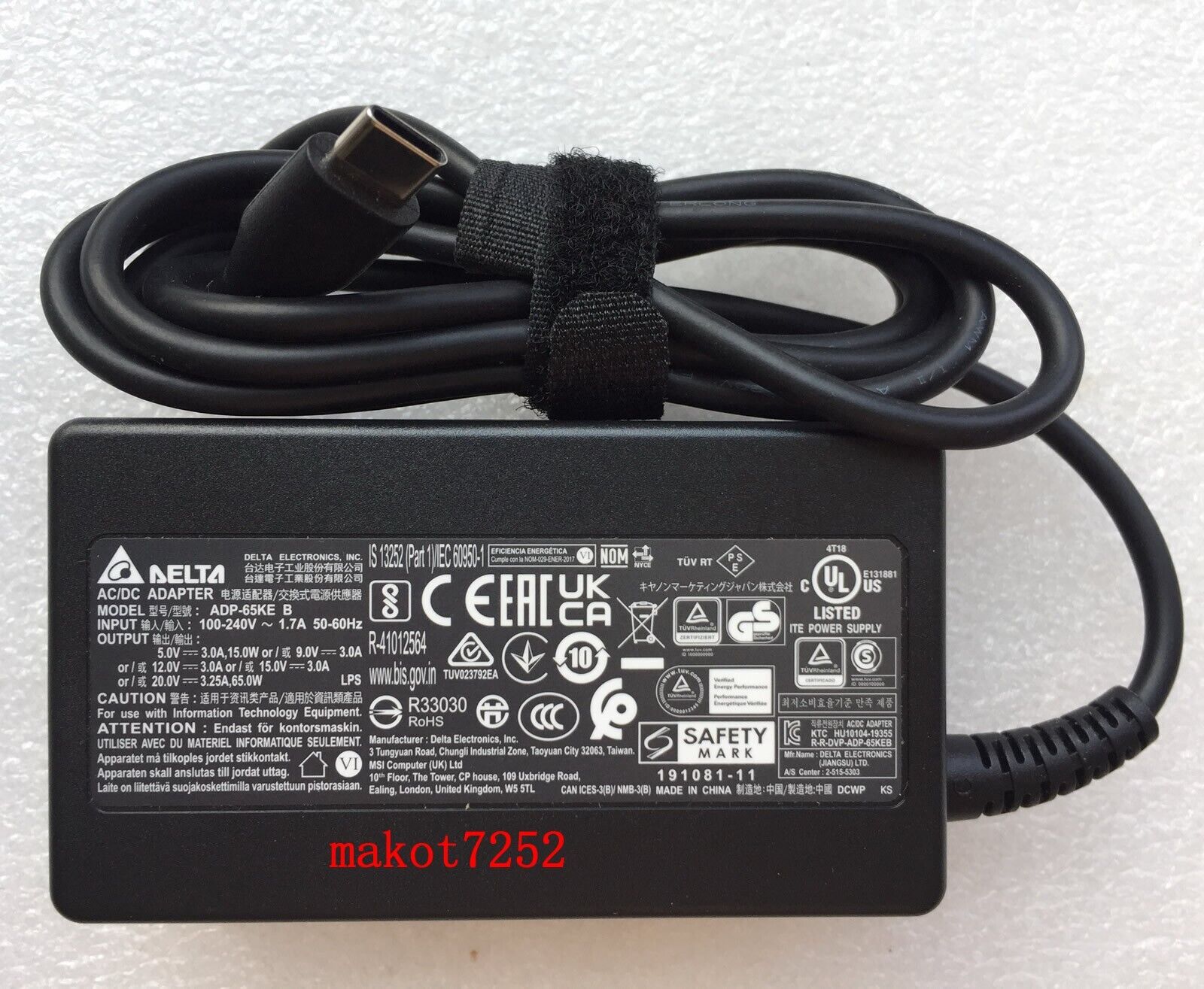 *Brand NEW*Delta 65W 5.0V 3.0A 15.0W/9V 3A /12V 3A /15V 3A/20.0V 3.25A 65.0W AC/DC Adapter Orig